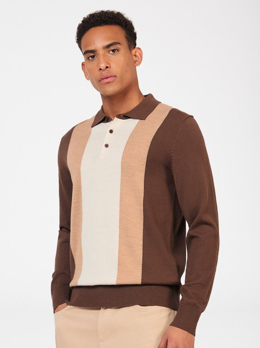 Pull à Col Polo Ben Sherman Block Stripe Merino Chocolat | TDR-78394566